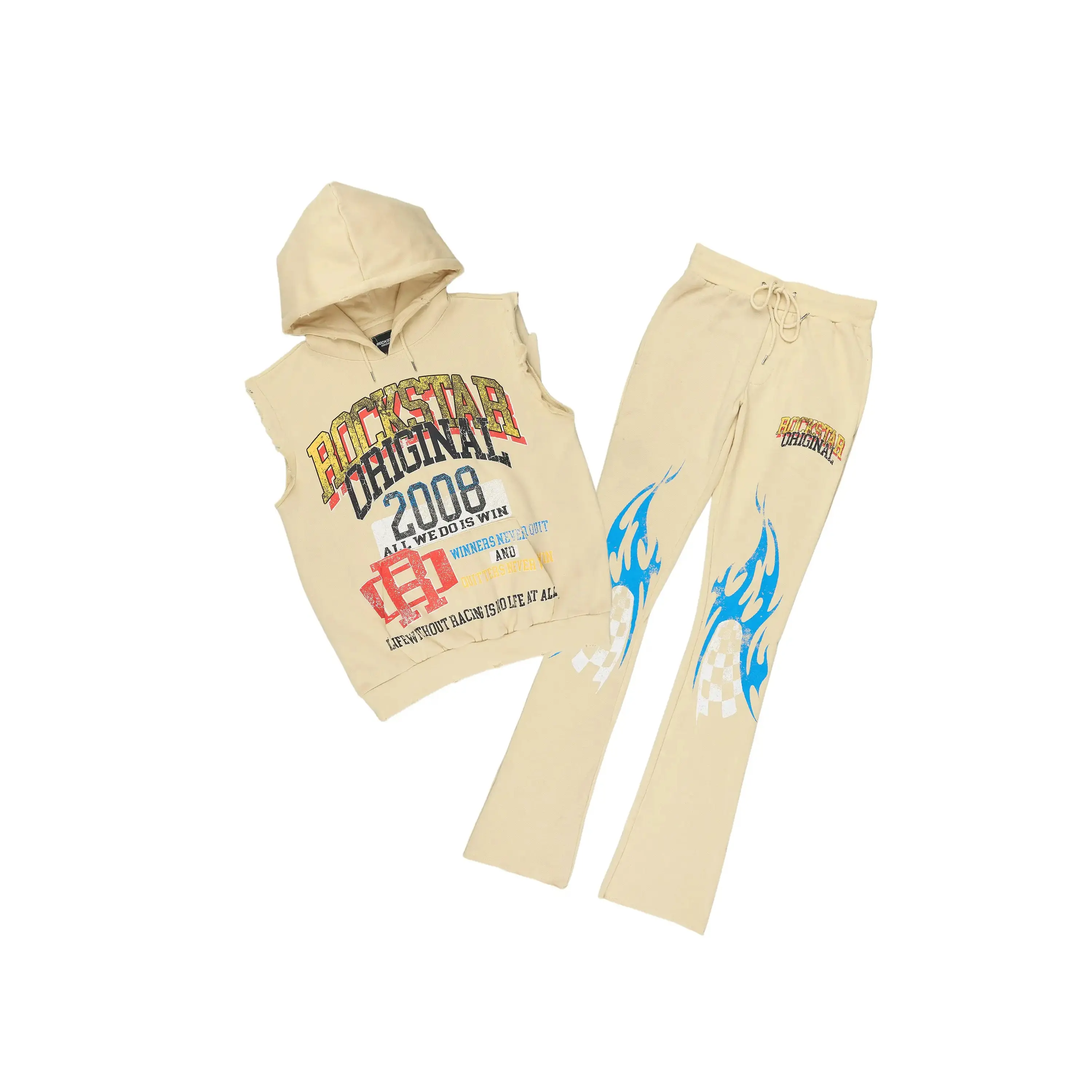 Colorful Race Beige Cut Sleeve Hoodie Stacked Track Set
