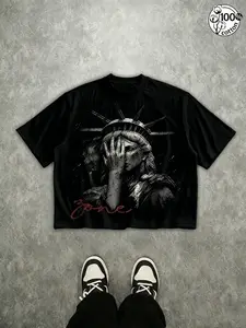 Unisex 100% Cotton Washed Splatter Statue of Liberty Hand Over Eye Print Oversized Short Sleeve T-Shirt | Y2K High Street American Retro Streetwear Top