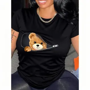 [100% Cotton] Women'S Cute Teddy Bear Graphic T-Shirt - Casual Black Polyester Tee With Zipper Detail, Short Sleeves & Round Neckline, Machine Washable, Casual Wear | Playful Graphic Tee | Machine Washable Top T-Shirt For Men And Women