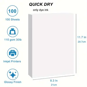 A4 High Gloss Thin Inkjet Paper 8.3x11.7 Inches 100 Sheets Compatible with Inkjet Printers Use Dye Ink Quick Dry 115gsm