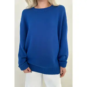 Something Blue Crew Neck Sweater - Ribbed Details Bold Blue Color Oversized Fit 100% Cotton Cozy Knit Sweater