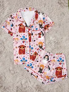 Women's Labyrinth Printed Sleepwear Set, Comfortable Two-Piece Pajama, Short Sleeve Button-Up Top and Elastic Shorts, Casual Home Wear