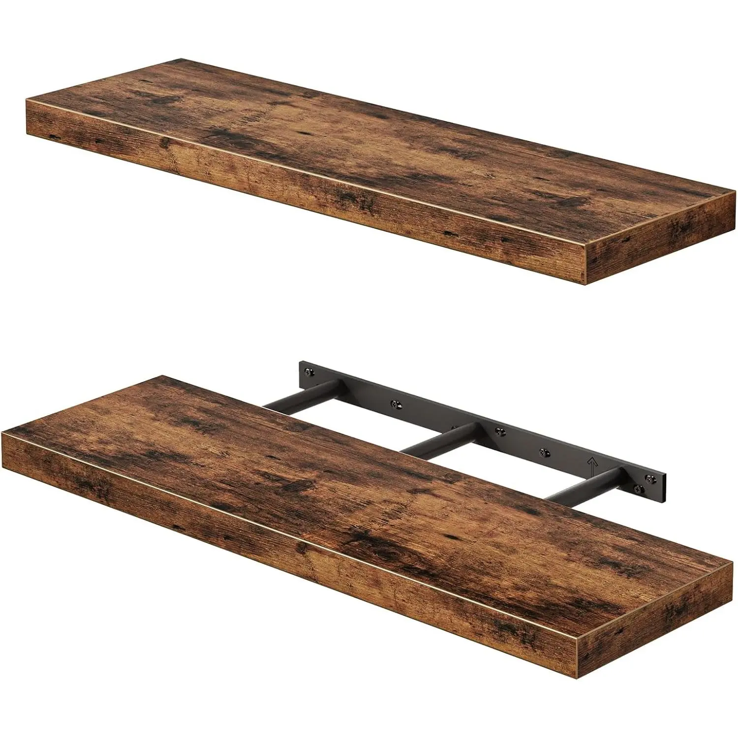 Rustic Wooden Floating Wall Shelves, 22" Long Wall-Mounted Set of 2 (Rustic Brown) for Living Room Storage, Books & Room Decor