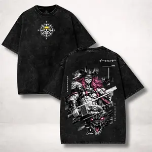 Black Washed One Piece Luffy Viking Pirate and Wolf Graphic T Shirt for Men Oversized Short Sleeve Crewneck Cotton Tee Casual Streetwear Top for Pirate Anime Fans and Everyday Wear