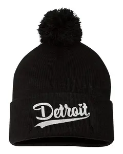 City Of Detroit Michigan Pride Embroidered Knit Beanie Pom Cap