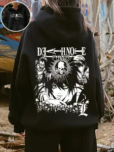 Women's Casual Hooded Drawstring Pocket Sweatshirt, Dark Romance Hoodie, Death Note Print Street Fashion, Geometric Pattern, Fitted Style, All Seasons