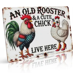Whimsical "An Old Rooster & Cute Chick Live Here" Farm Sign, Rustic Country Animal Design, 12×8 Inch Flat Aluminum Metal, Indoor/Outdoor Kitchen Barn Garden Decor, Farmhouse Accent, Trending Rural Home Pick
