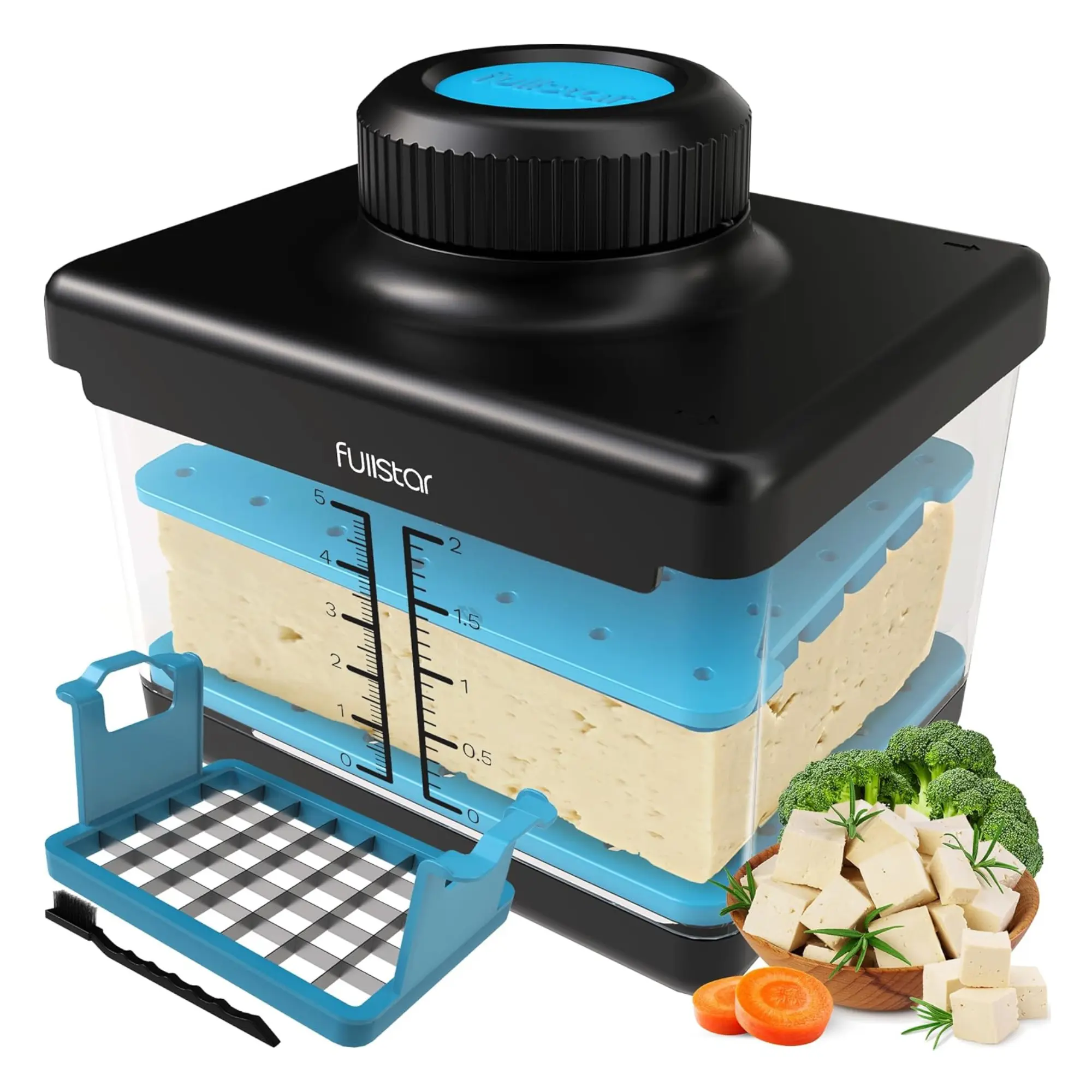 Fullstar Tofu Press, Tofu Press Dishwasher Safe, Tofu, Extra Firm Tofu, Tofu Extra Firm Organic, Tofu Press Box for Silken and Extra Firm Tofu, Tofu Press Dishwasher Safe Bpa Free, Firm Tofu, Tofu Presser Blue Kitchen Lid