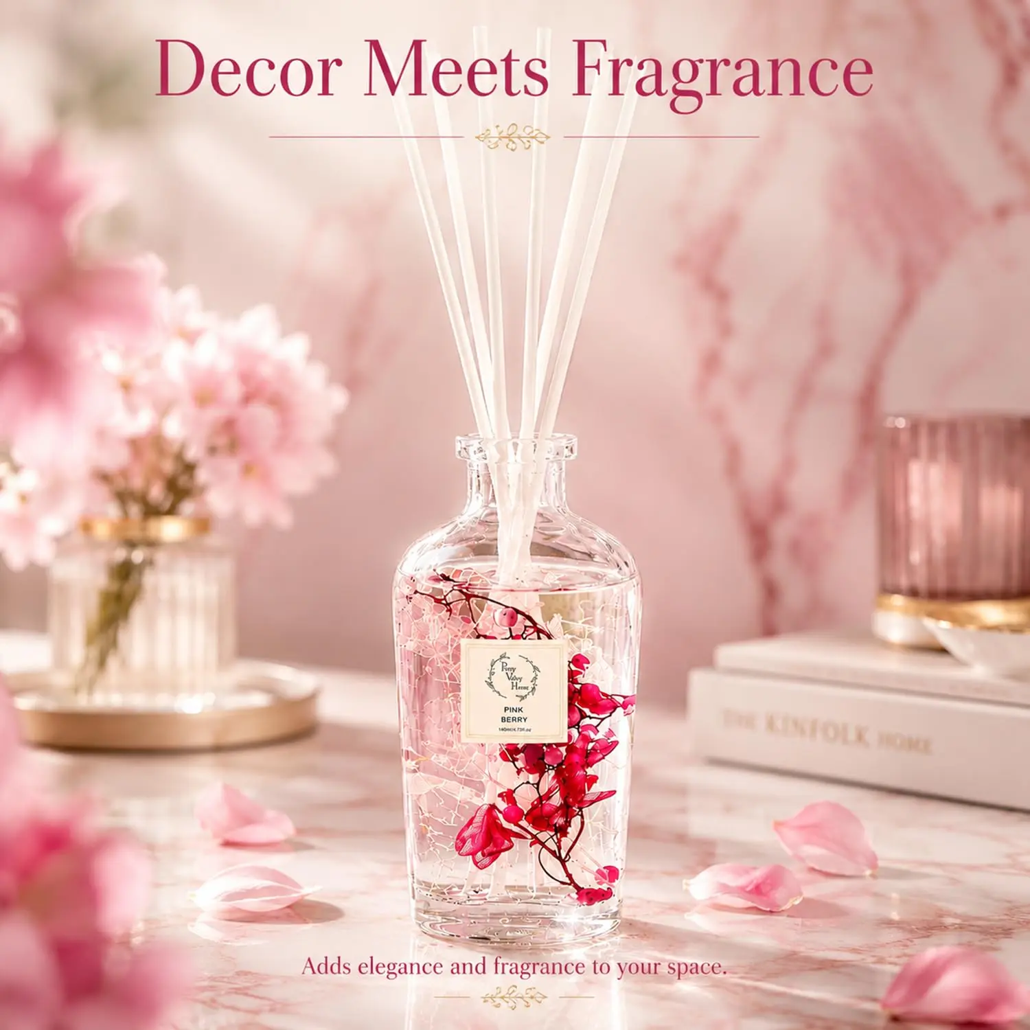 Pretty Valley Home-Reed Diffuser Set, Diffuser 140Ml / 4.73 fl OZ Gift Box - Includes Reed Diffuser Sticks, Long Lasting Fragrance Oil and Glass Bottle for Office Living Room Decor (Pink Berry)