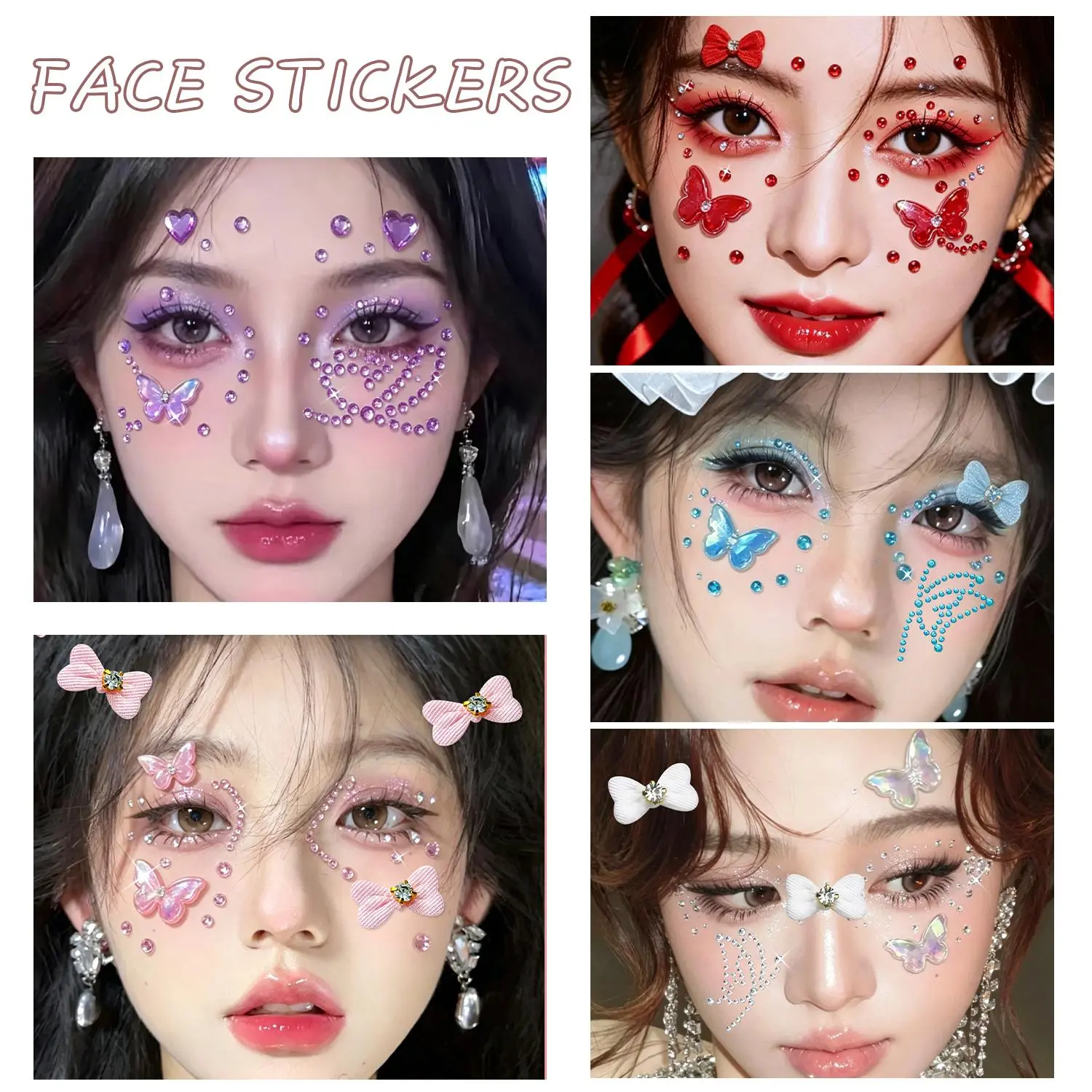 1/6Pcs Butterflly&Love Heart Crystal Face Rhinestone Stickers Cute Bow Adhesive Diamond Decal DIY Party&Festival Face Gem Slider