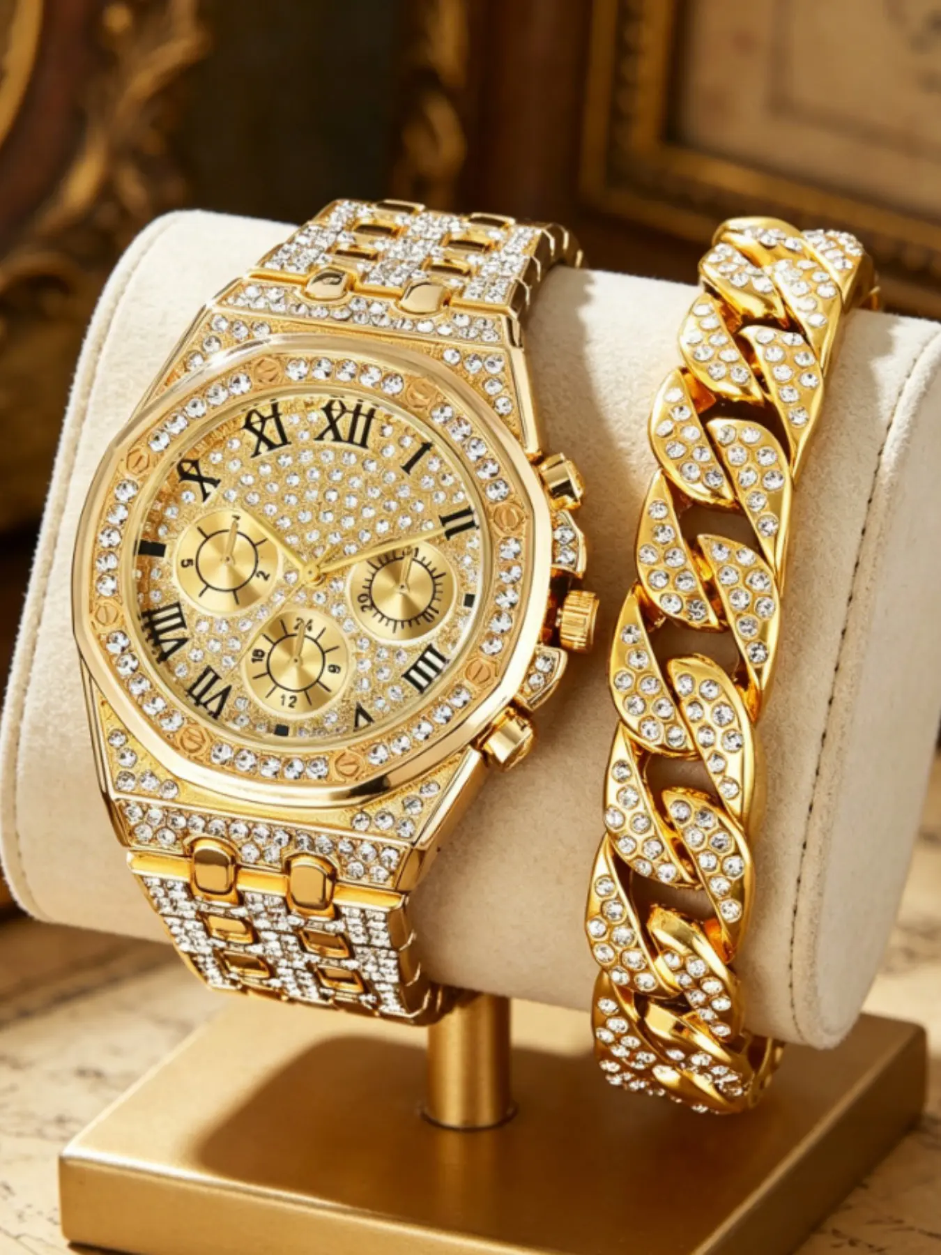 Men's Full Diamond Roman Quartz Exquisite Watch Set, Cuban Chain Included, Luxury Business Hip-Hop Style, 2 Pcs Pack, All Seasons Wear, Quartz Wristwatch, Bling Watch, Classic Analog Watch