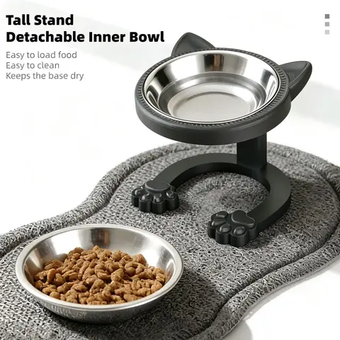 316 Stainless Steel Elevated Tilted Whisker-Safe Single Layer Solid Cat Bowl - Anti-Slip Base Raised Feeder, Elevated Slow Feeder, Easy Clean, Less Tipping, Smooth Surface Wipes Fast, Stays Put, Senior Cat Neck Protection, Portable Non-Smart Dish
