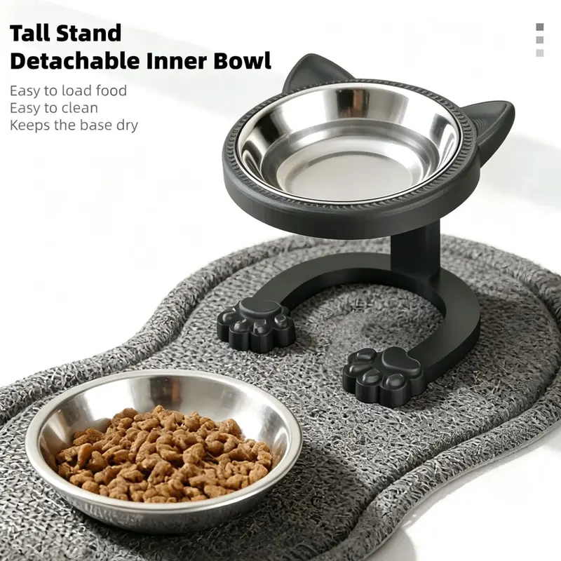 316 Stainless Steel Elevated Tilted Whisker-Safe Single Layer Solid Cat Bowl - Anti-Slip Base Raised Feeder, Elevated Slow Feeder, Easy Clean, Less Tipping, Smooth Surface Wipes Fast, Stays Put, Senior Cat Neck Protection, Portable Non-Smart Dish