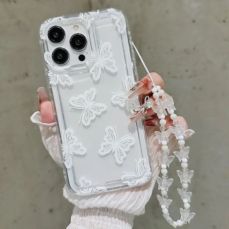 Butterflies Design Soft TPU Smartphone Case - Flexible Full-Body Airbag Shockproof Protection, Handheld Wrist Strap, Transparent Casing for iPhone 17,16,15,14,13,12,11 Pro Max Plus Air Devices