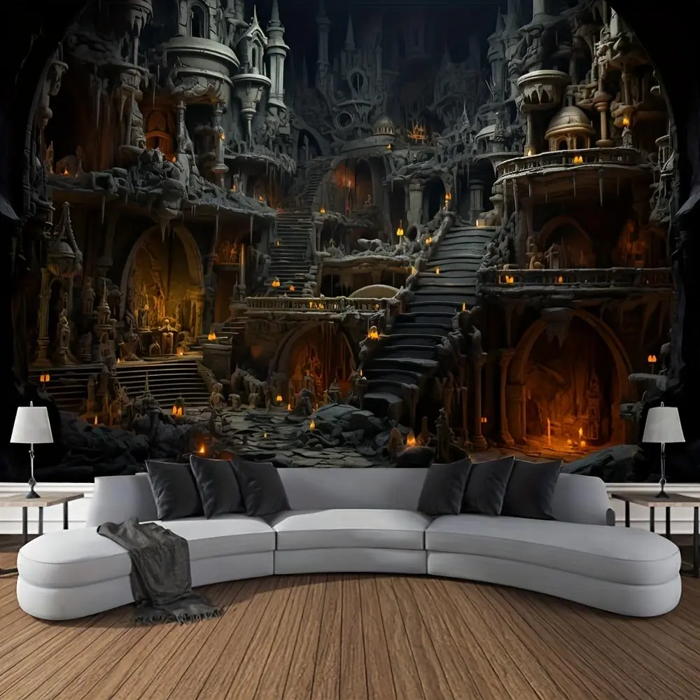 Vintage Gothic Horror Castle Tapestry - Synthetic Polyurethane Fabric, Hangable Wall Decor, Vampire Castle Scene, Long-Lasting, No Electricity/Feathers, Ideal for Halloween Party Decor