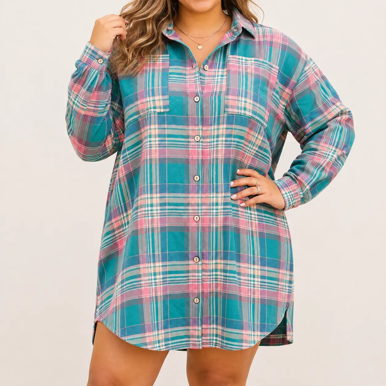 PHEFEE Women's Plus Size 100% Cotton Classic Plaid V-Neck Long Sleeve Button-Down Loose Fit Casual Mini Flannel Shirt Dress, Mini Dresses