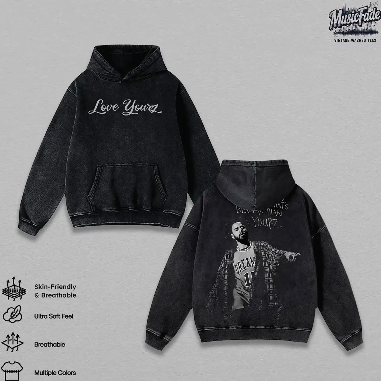J. Cole Love Yourz Vintage Washed Hoodie, Love Yourz Quote Graphic Hoodie, Forest Hills Drive Rap Music Hoodie, Double Sided Heavyweight Cotton Acid Wash Streetwear, Hip Hop Fan Merch Unisex Vintage Concert Hoodie Gift H2H