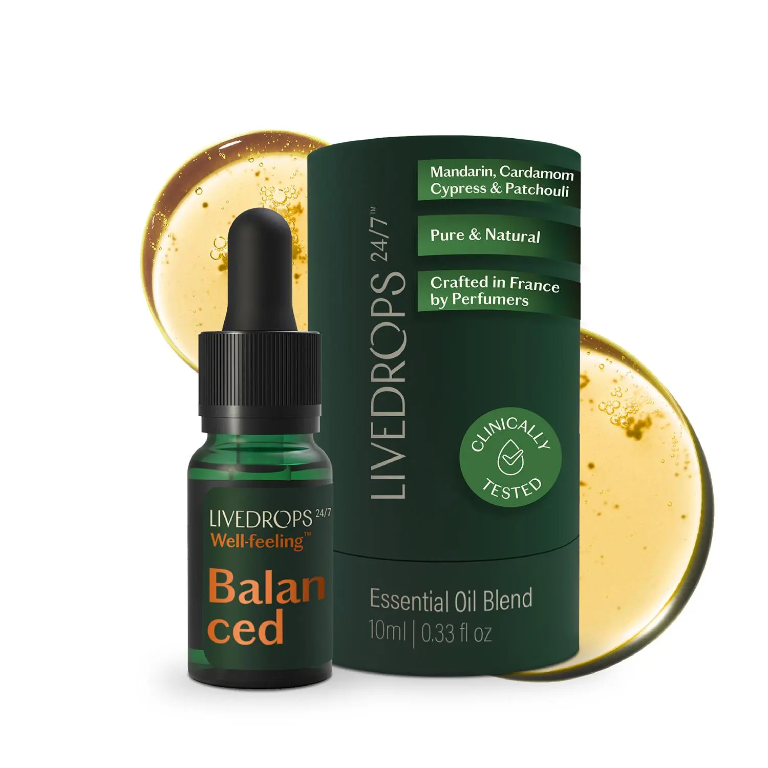 LIVEDROPS 24/7 Balanced Essential Oil Blend - Crafted in France - Mandarin, Cardamon & Patchouli - Pure & Natural - Aromatherapy - Skin Safe & Diffuser Compatible - Clinically Tested
