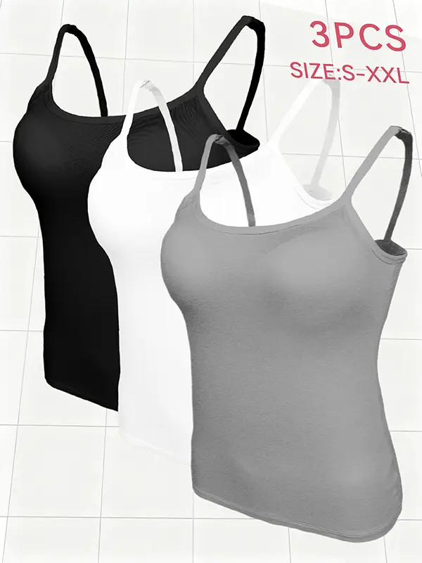 3-Pack Modal Camisole Tank Top with Chest Pads Basic Versatile Solid Color Layering Shirt for Women S-XXL