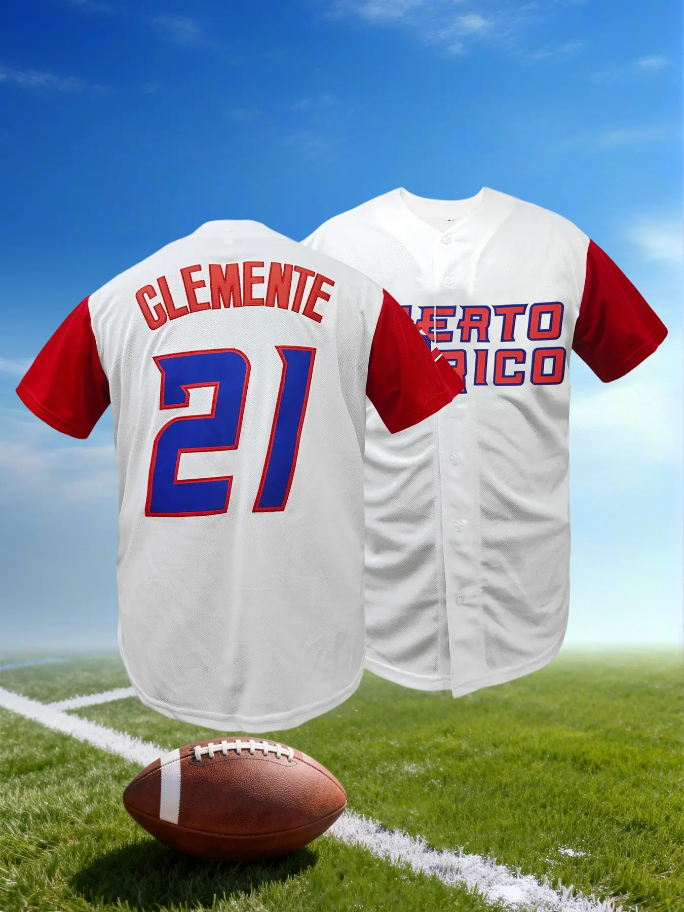 Men's Puerto Rico #21 Baseball Jersey, Button Down Jersey, Casual Short Sleeve V Neck Baseball Shirt, Name and Number Embroidered, Breathable Loose Fit, Button Front, Unisex, All Seasons, Gift for Training, New Year, Lightweight Jersey