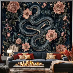 Elegant Snake and Flower Art Background Wall Hanging, Digital Printed Polyester Material Wall Tapestry, Suitable for Living Room, Bedroom, Office