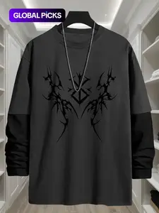 Gothic Print Loose-Fit Long-Sleeve Round-Neck T-Shirt, Menswear Fashion Street-Style Casual Top, Comfortable Trendy Streetwear for Fall