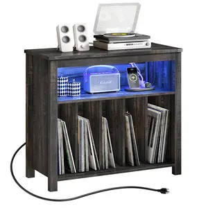 YITAHOME Large Record Player Stand with Power Outlets & LED Lights, Vinyl Record Storage Table with Display Shelf Holds Up to 120 Albums, Turntable Stand for Living Room, Bedroom