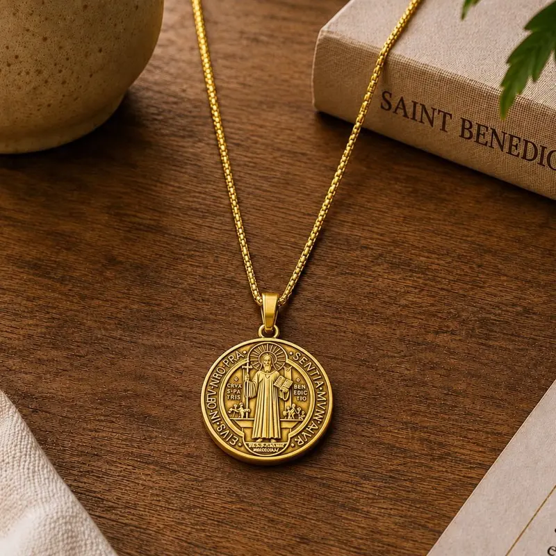 Unisex San Benito Medal Pendant Collar, Stainless Steel Religious Jewelry with Biblical Cross, for Daily Everyday Casual Simple Wear
