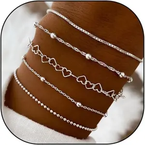 5pcs bracelet set, round bead chain box chain fashionable bracelet, women's jewelry, perfect Valentine's Day gift, Mother's Day carnival