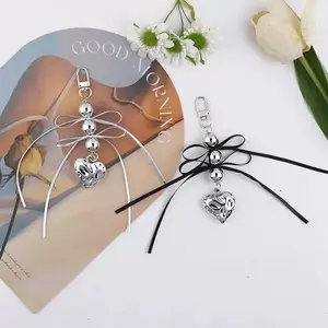 New Creative Ribbon Double Bowknot Silver Beaded Phone Charm/Keychain/Bag Pendant 2 Color options（Phone Tether Tab Included) cute keychain
