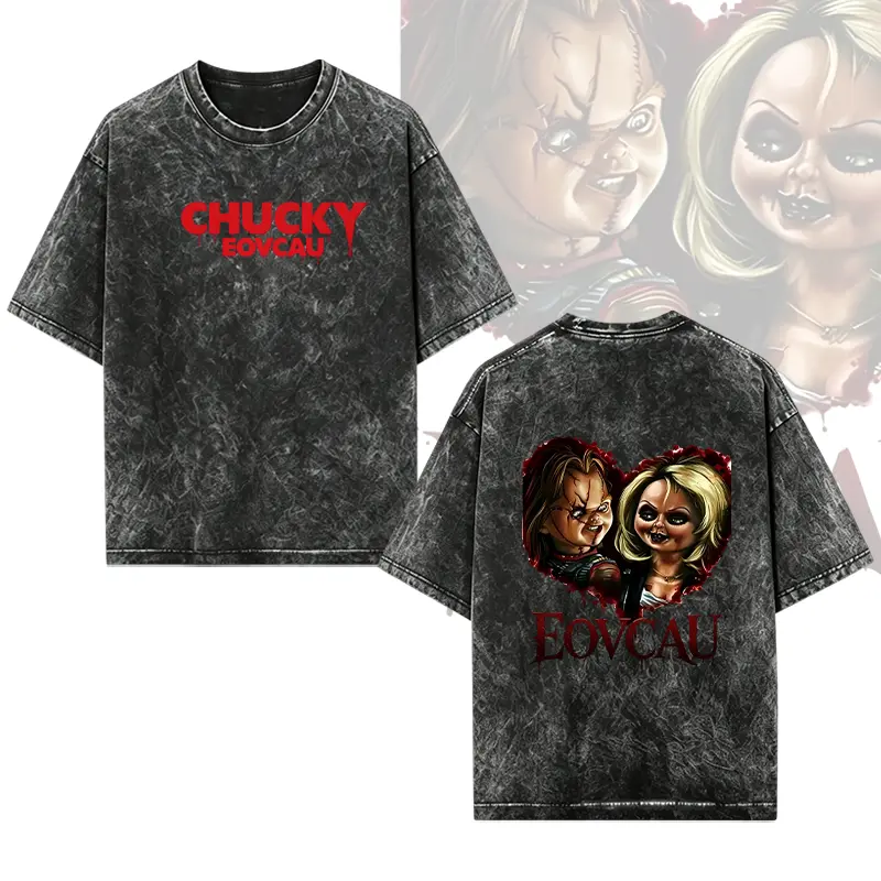 [EOVCAU]Vintage Chucky and Tiffany Valentine Graphic acid wash Tee,Bride Of Chucky Shirt,Iconic Movies Scene,Horror Characters Tee,Horror Films, Fall Season,Womenswear Top,Perfect Gift For Boyfriend, Girlfriend, Husband, Wife.
