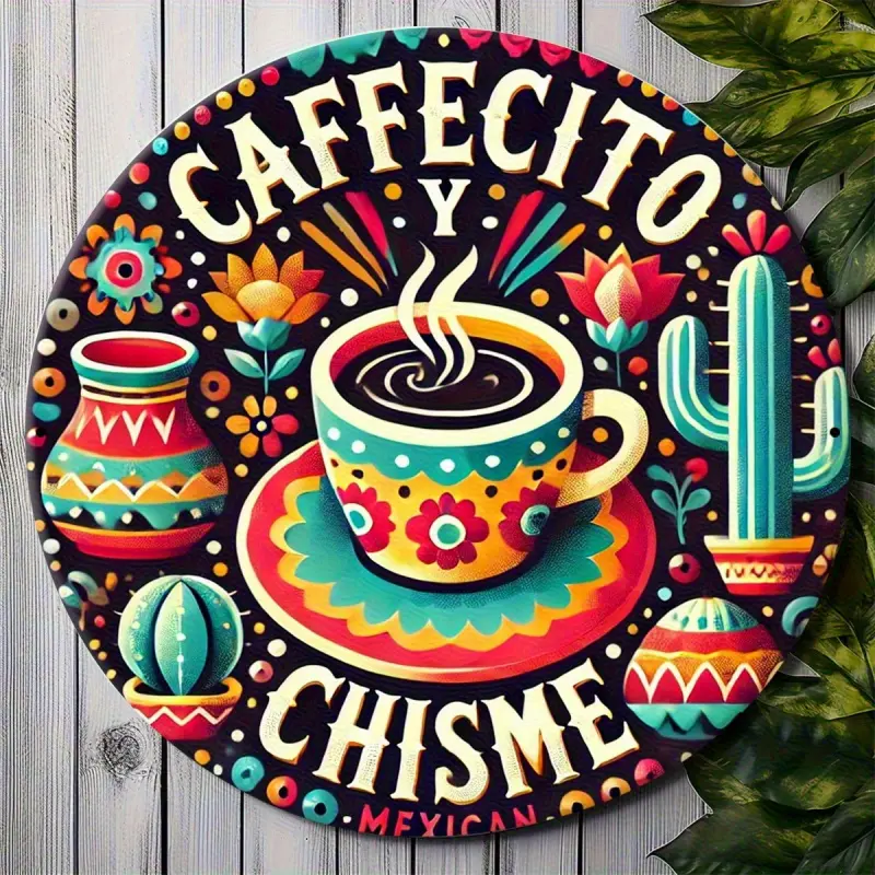 1PC 7.87x 7.87inch Round Iron Metal Wall Art, Aesthetic Room Wall Decor - Vibrant Mexican Coffee Scene Designed by "Cafecito y Chisme", Colorful Cactus, Traditional Ceramic and Steam Details - Design Print Vintage Home Decor For Easter Gifts