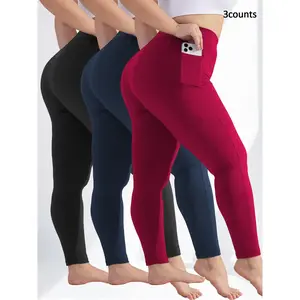 Plus Size Solid High Waist Compression Fitted Activewear Leggings with Pockets, High Elastic Four-Way Stretch, All-Day Comfort Fit, 3-Pack Fashionable & Versatile Leggings