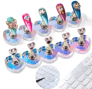 2 Set Nail Stands, Thickened Metal Nail Stand for Press Ons, Aurora Heart Nail Polish Holder for Painting, Fake Nail Display Stand Nail Practice Magnetic Nail Art Tools w/ 100Pcs Reusable Glue Tabs