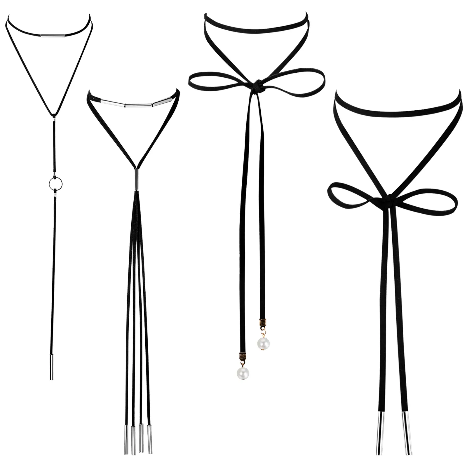 OIDEA Women's 4-PC Black Gothic Choker Necklace Set - PU Leather, Velvet, Long Tassels, Artificial Pearl, Layered, 2.75in Extender, 0.08in Width, 13.97in Adjustable, Costume Jewelry for Party, Daily Wear, 0.08 In Width, Female