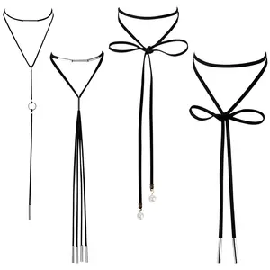 OIDEA Women's 4 PCS Black Choker Necklace Set, Velvet Leather Long Tassel Imitation Pearl Layered Adjustable Extension Necklaces, Goth Costume Jewelry