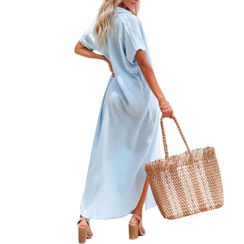 Women Maxi Shirt Dress Short Sleeve Button Down Long Kimonos Cardigans Side Slit Loose Cover Up Beach Sundress