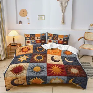 Sun and Moon Motifs Patchwork Print Duvet Cover Set,2/3Pcs Bohemian-Themed Bedding Set,Embodying Nature and The Mystique of The Sun and Moon. Soft Material for Cozy Sleep.Includes 1 or 2 Pillowcases - Filling Not Included/Zipper Closure.