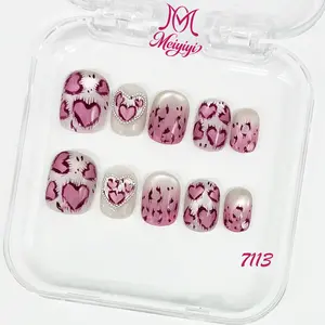 .DP.7113.Valentine's Day Pink Heart Leopard Print Wearable Nails