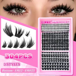 304Pcs Manga Lash Clusters Kit, Natural Wispy Fairy Eyelash Extensions with Bond & Seal, Tweezers, Brush, 8-16mm Mixed Length, D Curl, Anime Style Individual False Eyelashes, Spiked Clusters, Lightweight Soft for Daily Wear and Special Occasions