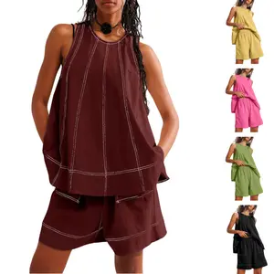 JovenPara Womens 2 Piece Outfits Sleeveless Matching Sets A Line Tank Tops Contrast Stitching High Waist Shorts with Pockets