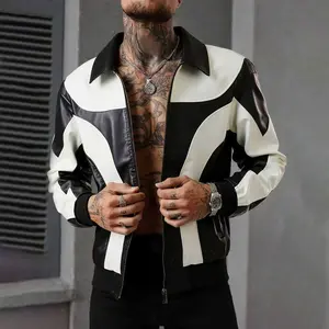 Lightweight PU Leather Jacket Men's Motorcycle Coat, Casual Fashion with Pockets and Lapel, Durable and Stylish, Quilted Color Block Design, Perfect for Everyday Outdoor Wear and Motorcyclists