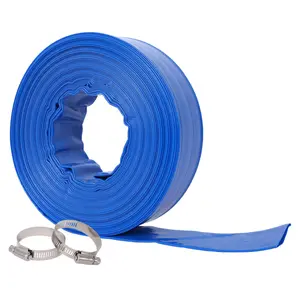 1-1/2"(Flat 2.6") widthx 100 FT Pool Backwash Hose, Blue Heavy Duty Reinforced PVC Lay Flat Water Discharge Hose for Swimming Pool Filter Pump,with 2 Clamp