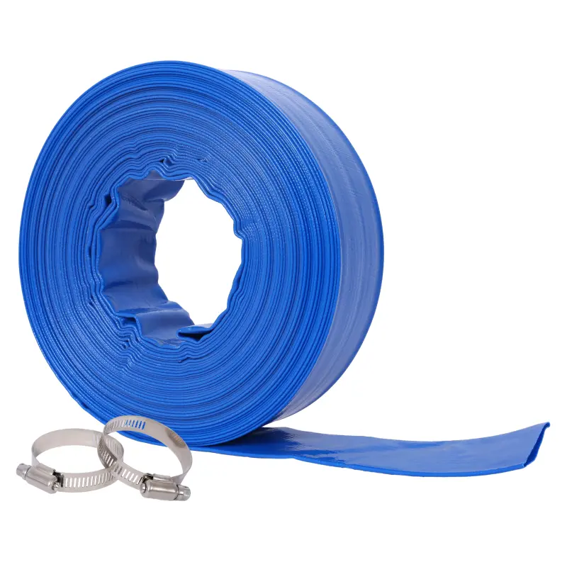 1-1/2"(Flat 2.6") widthx 100 FT Pool Backwash Hose, Blue Heavy Duty Reinforced PVC Lay Flat Water Discharge Hose for Swimming Pool Filter Pump,with 2 Clamp