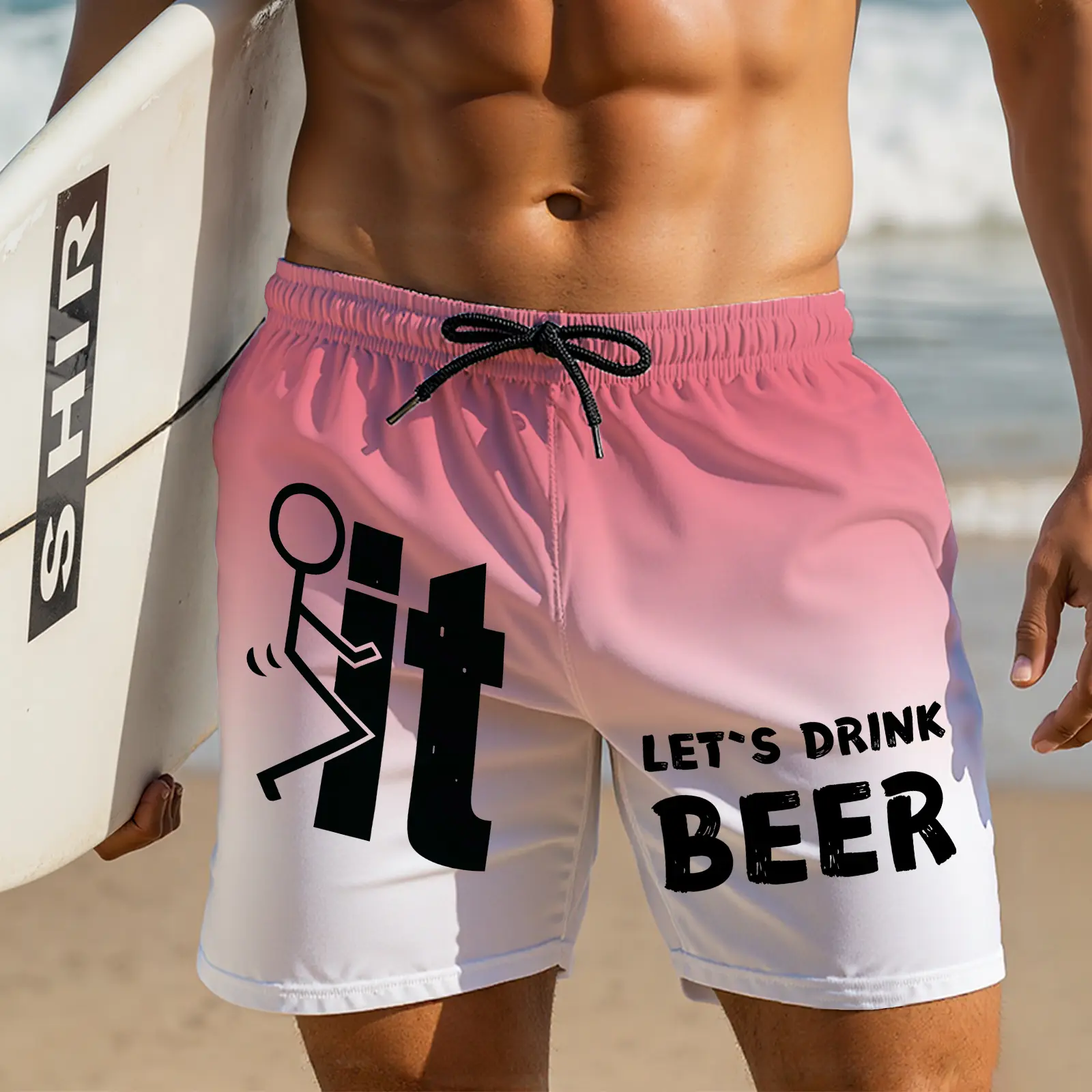 Men's Swimming Trunks with Funny 'Let's Drink Beer' Graphic, Quick-Dry Pink Gradient Beach Shorts with Pockets for Pool & Bachelor Party, Beach Trunks, Beach Volleyball, Custom Fit