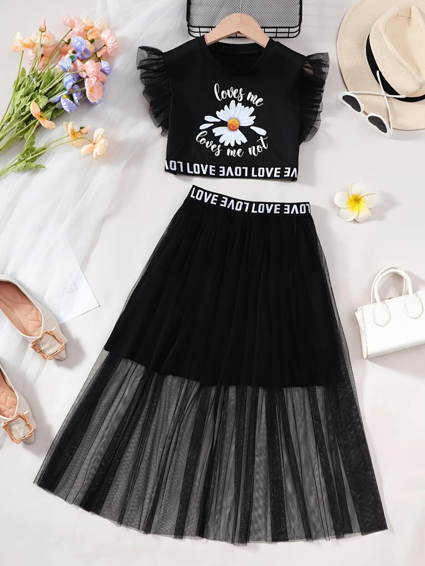 Girl's Floral Print Ruffle Trim Crop Tee & Letter Tape Mesh Skirt Two-piece Set, Casual Butterfly Sleeve Round Neck Top & High Waist Skirt for Daily W