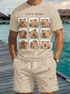 Cute Capybara Nine-grid Printed 3D Digital Printed Two-piece Set, 2Pcs, Trendy Fashion Suit, Trendy Retro Casual Two-piece Outfit, Resort-style Trendy Wear, Breathable Sports Casual Style, Perfect Holiday Gift for Men