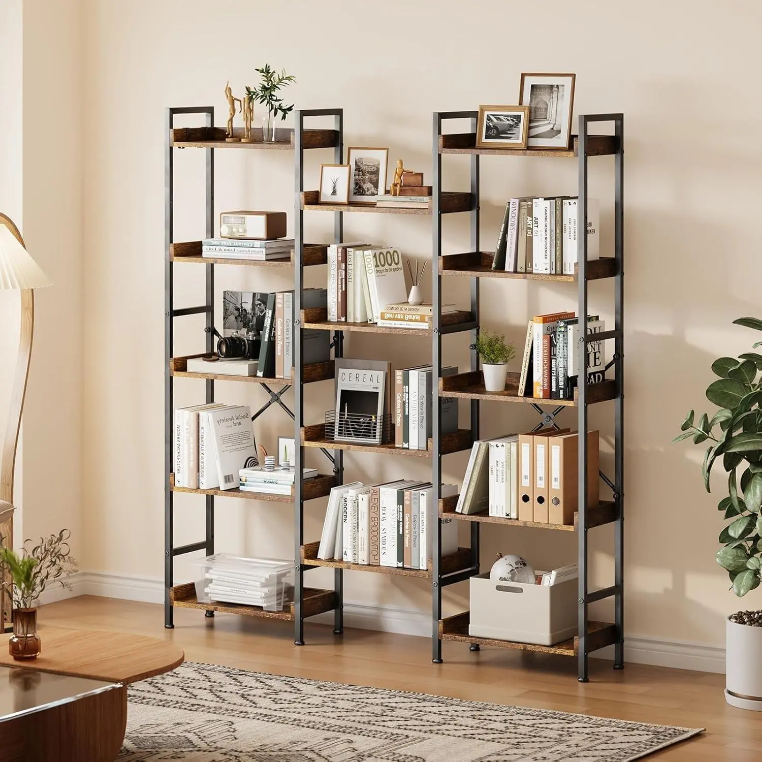 GARVEE Triple 5-Tier Wooden Bookshelf with 14 Open Display Shelves & Sturdy Metal Frame Wide Rustic Brown Book Storage Rack for Living Room, Bedroom, Home Office