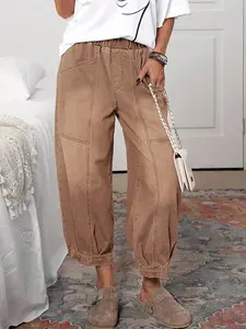 Women's Elastic Waist Pocket Loose Casual Tapered Jeans Women Brown Pants Women Casual Pants Casual Street Patchwork Pocket Loose Wide Leg Jeans Women Jeans Baggy Loose Jeans