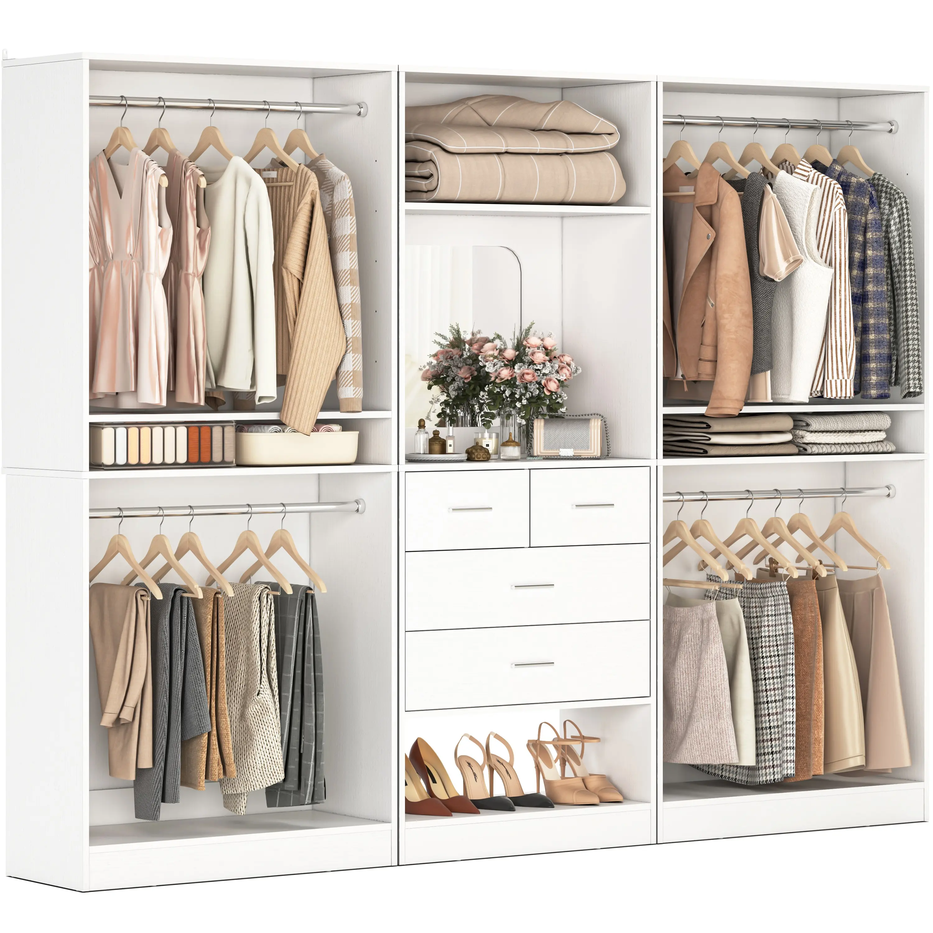Unikito 98” Closet System with Mirror & 4 Drawers, 8.2FT Heavy Duty Wood Closet Organizer with 4 Hanging Rods, Large Walk-in Wardrobe Garment Rack with Adjustable Shelves